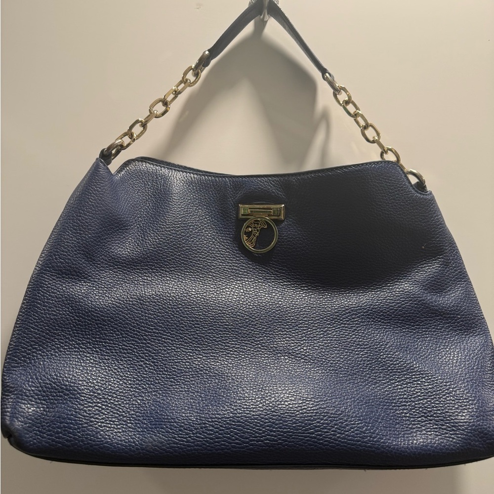 Versace Navy Blue Shoulder Bag with Gold Accents